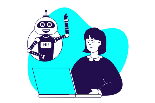 AI technology modern flat concept for web banner design. Woman communicating with virtual artificial intelligence assistant, working with chatbot. Illustration with isolated people scene.