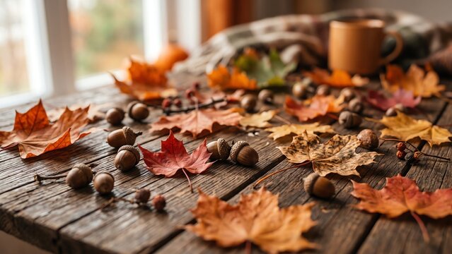 Autumn Leaves and Acorns on Rustic Table Setting
