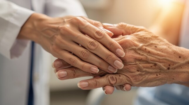 Compassionate healthcare professional holding hands with elderly patient showing support and care in a warm hospital environment during a medical visit