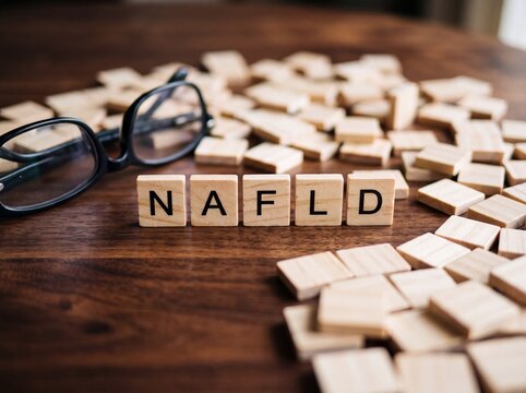 The acronym NAFLD spelled out with wooden letter tiles on a rustic wooden table next to a pair of black-rimmed reading glasses, representing medical research or health awareness.
