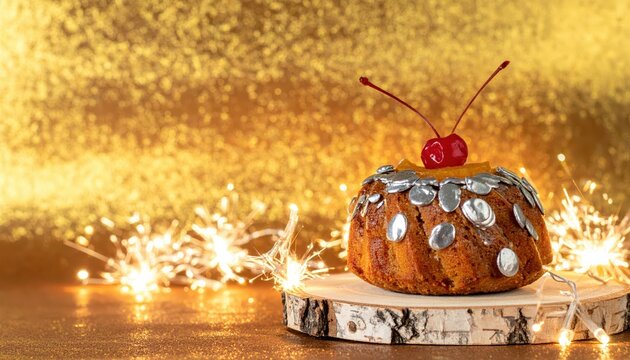 Festive bundt cake with cherry and silver decorations, sparkling lights and golden bokeh background for celebration