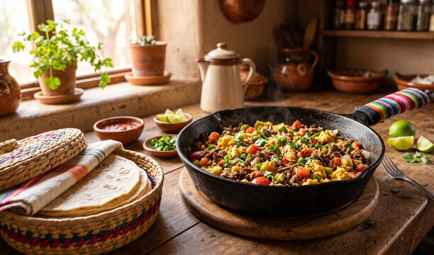 A rich skillet of Machaca con Huevos (shredded dried beef scrambled with eggs, tomatoes, and jalapenos) served in a cast-iron pan, Fluffy scrambled eggs with seared savory beef bits and vibrant red to