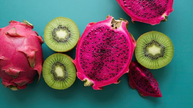 A vibrant top view of sliced pink dragon fruit and fresh green kiwi halves arranged neatly on a solid teal background showcasing the beautiful textures and seeds of these tropical fruits