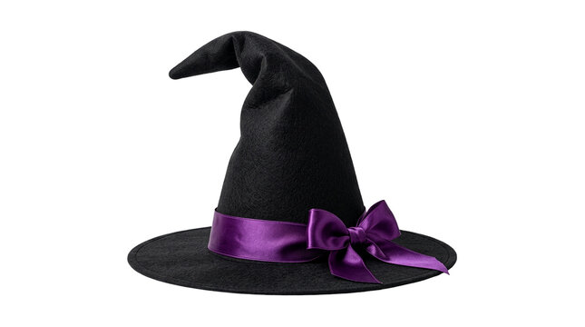 Realistic Black Halloween Witch Hat with Purple Band Isolated on White Background
