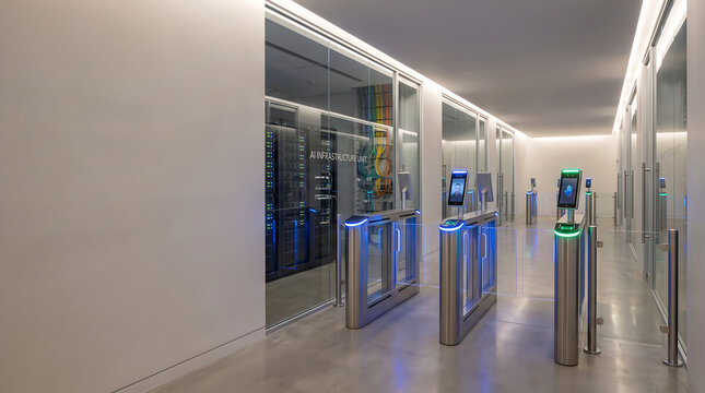 AI Generated Secure Enterprise Data Center Entrance with Biometric Access Turnstiles and High Performance Cloud Computing Infrastructure