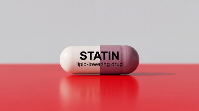 A single medical capsule labeled Statin resting on a smooth red surface, symbolizing cholesterol management and pharmaceutical heart health care.
