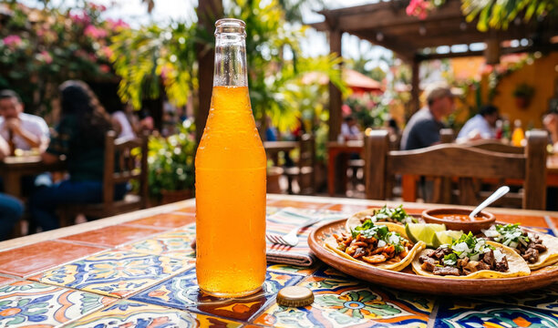 A rich ice-cold glass bottle of mandarin Jarritos soda standing on a colorful tiled table next to a taco plate, Condensation beads glistening on the bright orange soda bottle with light refracting thr