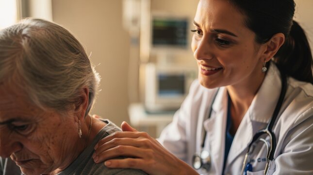 Compassionate Female Doctor Providing Comfort and Care to Elderly Patient During Medical Consultation in Cozy Clinic Setting