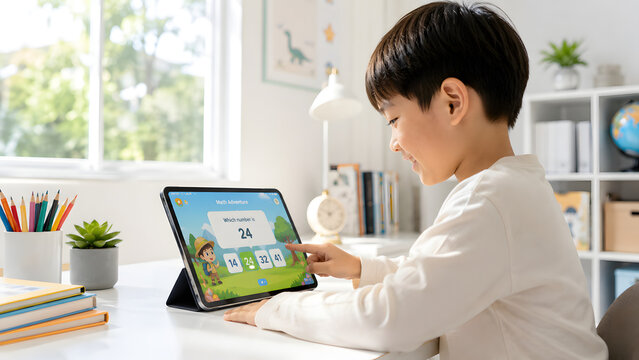 Young boy using digital tablet playing educational math game sitting at desk in bright modern children room home setup.