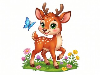 Cute cartoon deer with a butterfly. Adorable baby fawn illustration on floral meadow.