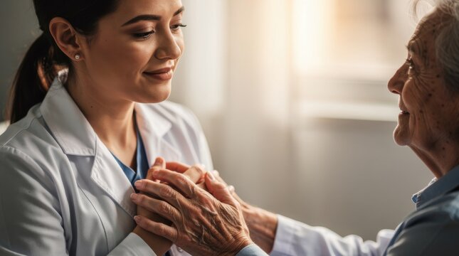 Compassionate healthcare worker comforting elderly woman in a bright and warm environment, conveying trust, care, and emotional support during a visit.