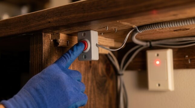 A gloved hand presses a red emergency stop button mounted beneath a rustic wooden desk