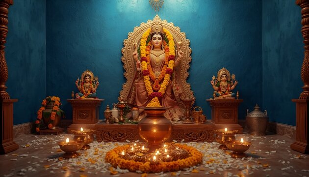 Basoda (Sheetala Ashtami), a simple altar with a statue of Goddess Sheetala surrounded by cold food offerings, a traditional village house backdrop with small lamps at night