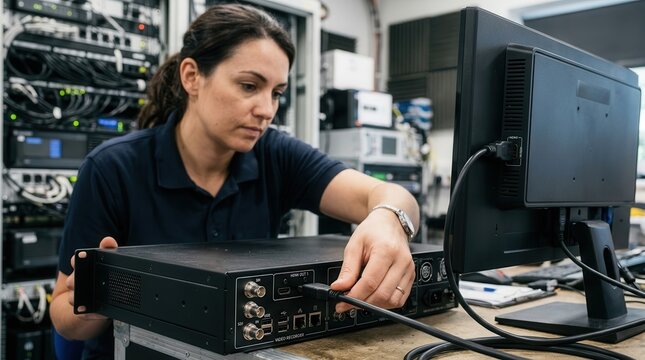 Systems engineer meticulously connects hardware components within a professional server room environment ensuring seamless network connectivity and infrastructure stability