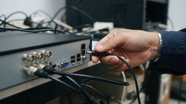 A technician carefully connects power cables to a professional digital surveillance system