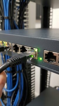 High-speed network switch with active glowing green status lights and connected ethernet cables