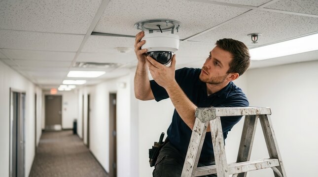 Technician Installing Modern Security Surveillance Camera on Office Ceiling for Enhanced Facility Monitoring and Safety Measures