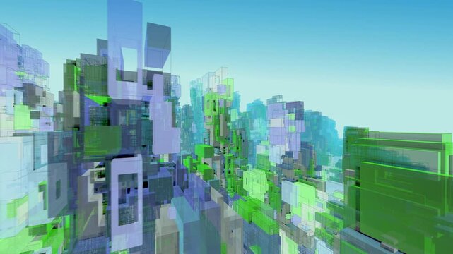 Abstract futuristic city fly-through seamless loop. Blue, green, purple cube architecure structures. Digital animation.