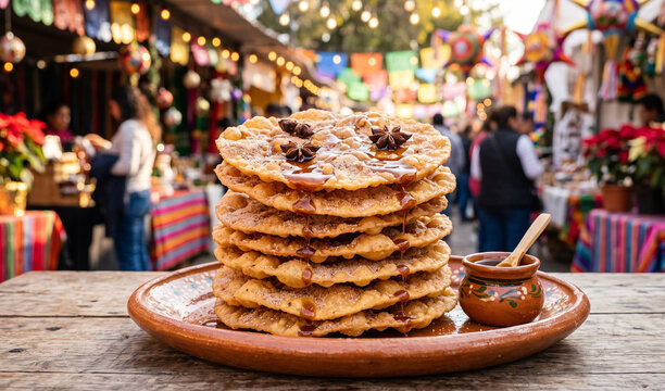 A rich stack of golden crispy Mexican Bunuelos on a clay platter, Thin, bubbly fried dough discs dusted with cinnamon sugar, drizzled with glossy dark piloncillo (unrefined cane sugar) syrup infused w