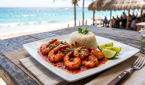 A rich plate of fiery red Camarones al Diablo served on a crisp white square ceramic plate, Plump jumbo shrimp coated in a glossy, spicy red habanero-chipotle sauce, garnished with fresh lime wedges a