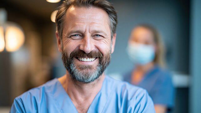 Doctor wearing scrubs smiles confidently at the camera while standing in a busy modern hospital corridor with a colleague nearby.