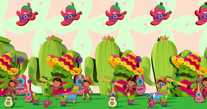 Spring flowers in the garden. Cinco de Mayo Mexican Fiesta (Kids theme). Motion graphics Animation background Visual loops. 4K