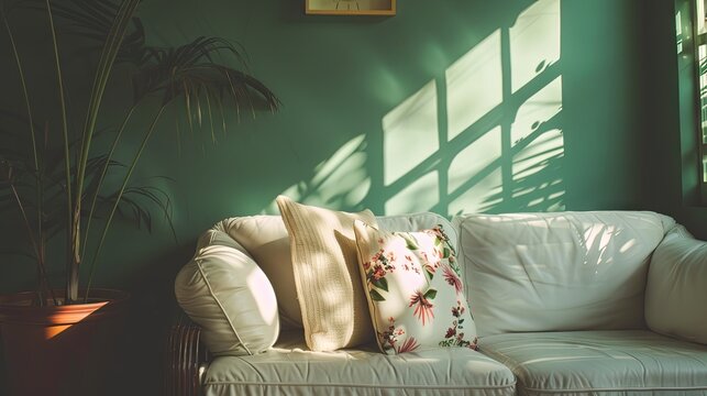 Cozy White Sofa with Floral Pillows Bathed in Sunlight Against Green Wall in Home. 