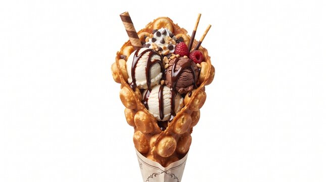 Front view of Hong Kong bubble waffle with ice cream isolated on pure white background, no shadow.