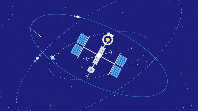 Cute animated vector video footage of a rotating satellite.