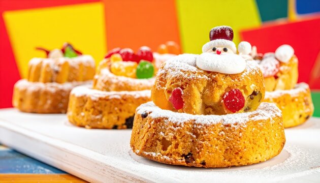 Festive Christmas fruitcakes decorated with Santa Claus figures and colorful candies, dusted with powdered sugar