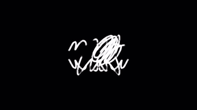 Chaotic hand-drawn white scribble lines animation forming tangled abstract shape on black background in 4k video
