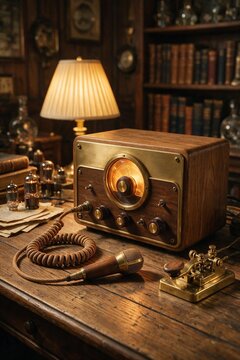 Close-up of a vintage wooden and brass shortwave radio transceiver on an antique desk, accompanied by a retro microphone, telegraph key, and warm lamplight against leather-bound books.