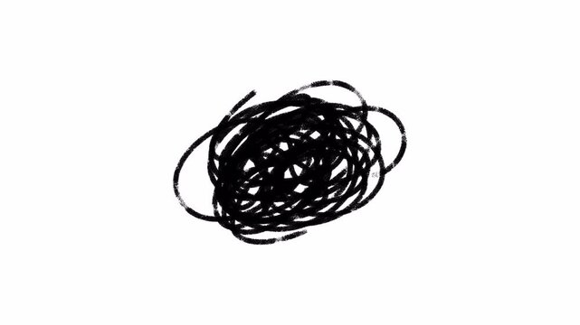 White hand drawn chaotic scribble line loop video on black screen. alpha chanel in 4k video