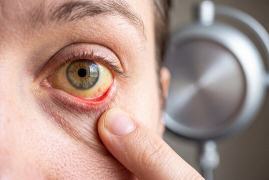 Close-up of a person pulling down their lower eyelid to reveal yellowing in the sclera, a sign of jaundice and potential liver health issues.