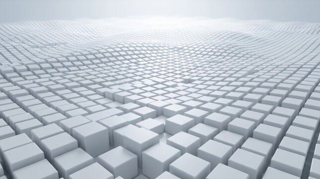 Abstract sea of white cubes, undulating geometric landscape, 3D render pattern background, modern minimalist texture, waves of blocks, concept art