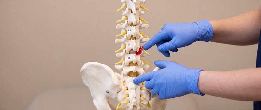 A doctor wearing blue medical gloves uses a anatomical spine model to explain a lumbar disc herniation to a patient in a clinical setting.