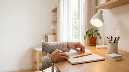 Fototapeta premium Hands writing in blank notebook at modern home office desk with copy space