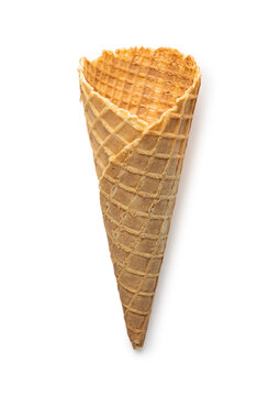 Empty waffle ice cream cone isolated on white background, vertical shot