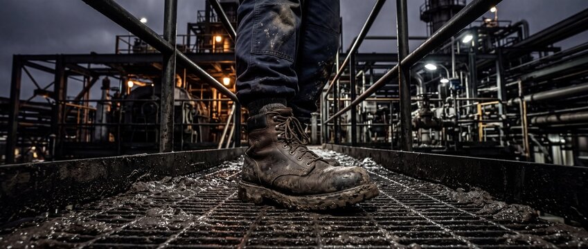 Low angle shot of worker in dirty work boots and pants standing on an industrial metal grate platform at dusk
