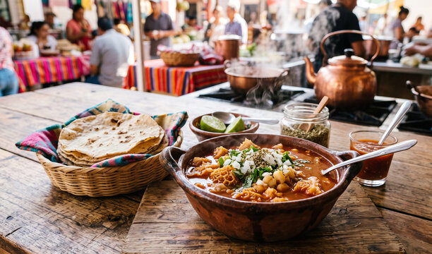 A rich steaming bowl of traditional Menudo soup in a heavy clay cazuela bowl on a wooden table, Deep red guajillo broth with tender tripe and hominy corn, accompanied by a basket of warm hand-pressed 