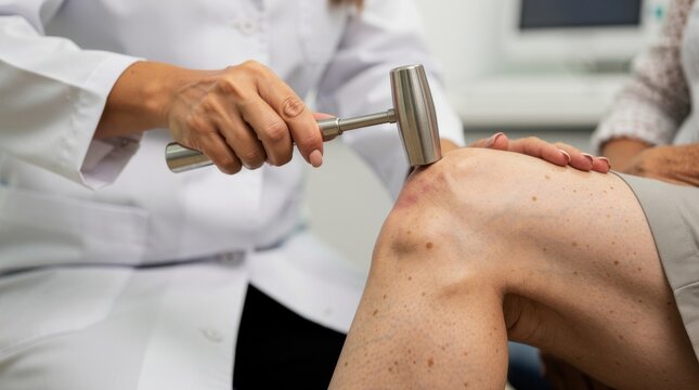 Medical examination of knee reflex with doctor using reflex hammer on patient's leg in clinical setting to assess neurological health and response