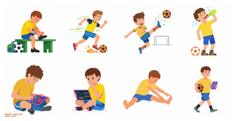 Fototapeta premium Active Boy Playing Soccer and Using Digital Tablet for Health and Performance Monitoring Illustration Set