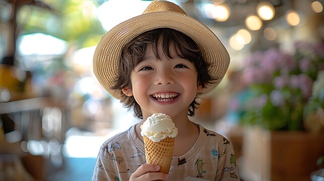 Happy child enjoys ice cream cone at cafe