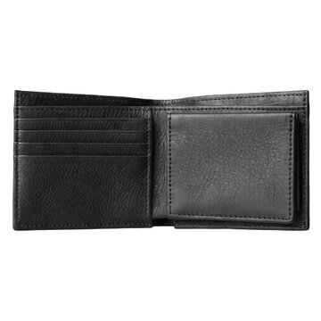 Black genuine leather mens bifold wallet isolated on white background