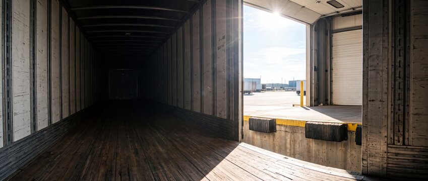 Empty industrial warehouse interior with open loading dock door sunlight streaming in empty trailer waiting for cargo pallets stacked outside