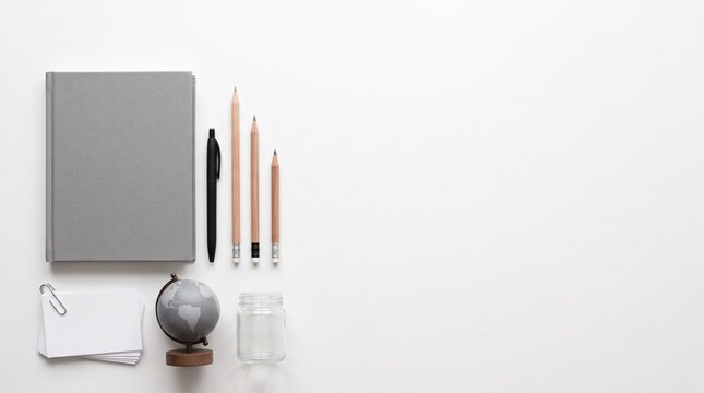 Grey notebook mockup with pencils globe and jar top view flat lay copy space
