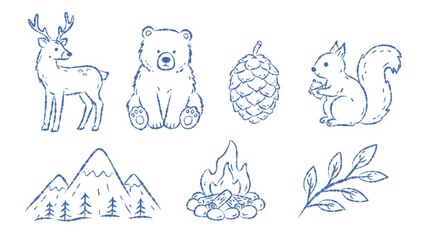 Obraz premium Hand drawn woodland nature doodle illustration with deer bear squirrel campfire mountain branch and pine cone
