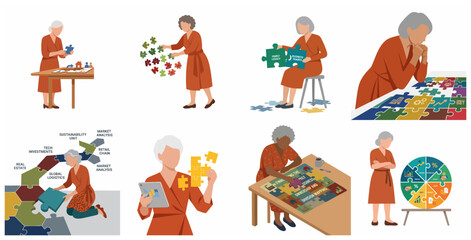 Fototapeta premium Senior businesswoman managing family business legacy and corporate strategy using jigsaw puzzles, retirement planning and wealth management concept.