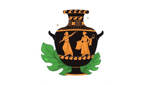 Ancient Greek hydria ceramic vase cartoon animation. Classical pottery with mythological motifs. Historical artifact amphora animated flat 2D object 4K video isolated on transparent white background