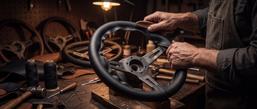 Craftsman's hands meticulously working on a leather-wrapped steering wheel in a dimly lit workshop